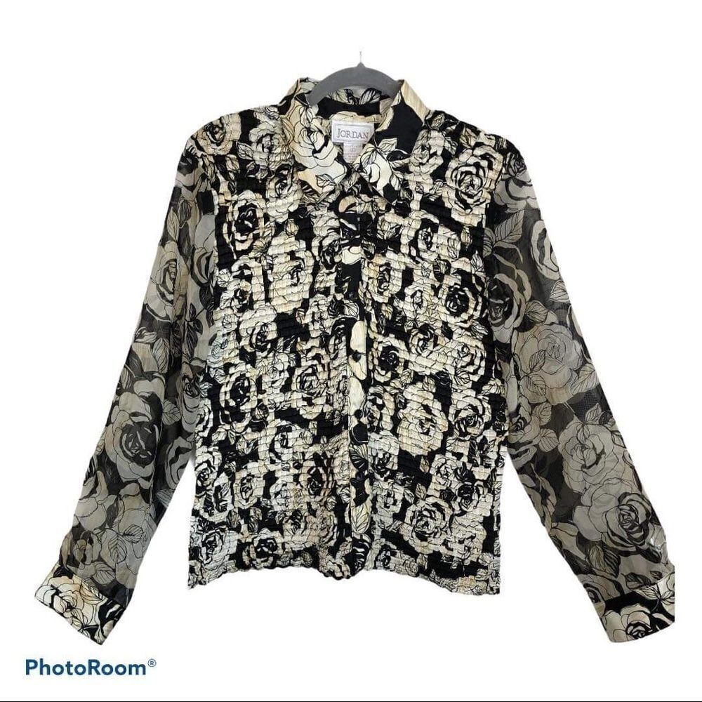 Jordan Ruffle Pleated White Rose Button Shirt Top.Size L